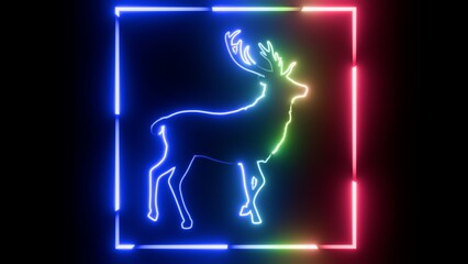 Abstract Glowing Neon Deer Silhouette in Square Frame, Colorful Cyberpunk Animal and Modern Christmas Reindeer Sign Concept.