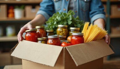 Hands pack cardboard box with canned goods, pasta, and fresh greens. Food items are ready for charity donation or community pantry support. Kindness and assistance concept.