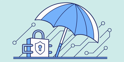 Flat vector illustration showing umbrella protecting laptop with lock and warning shield, symbolizing cybercrime risks, data breach alerts and online security for tech banners, apps and infographics.