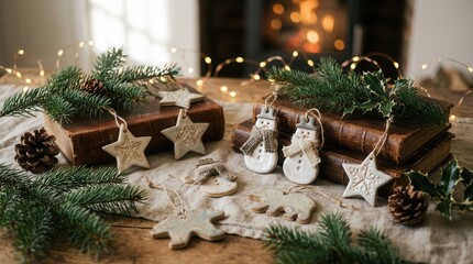 Cozy ceramic Christmas ornaments with vintage books and evergreen branches
