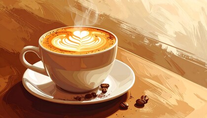Digital painting shows a latte art coffee in a white cup and saucer on a wooden surface, with scattered coffee beans