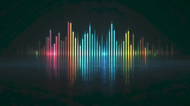 A colorful sound wave visualizer with glowing vertical bars and reflections creates a dynamic and surreal abstract art piece, representing audio in a visually engaging way.