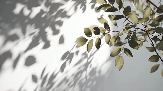 Green leaves cast intricate shadows on a white wall, creating a serene and minimalist natural scene with beautiful light and shadow contrast.