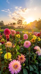 Fototapeta premium Colorful dahlias bloom in a garden under a bright, rising sun in a misty morning