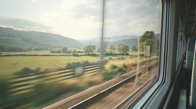 The view from a train window shows a serene countryside landscape with fields, trees, and mountains, capturing the essence of a peaceful travel journey.