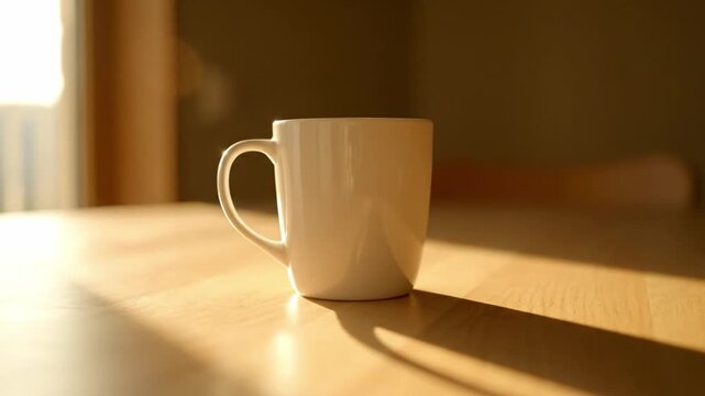 Sunlit white mug casting a long shadow on a wooden table, capturing a moment of quiet contemplation
