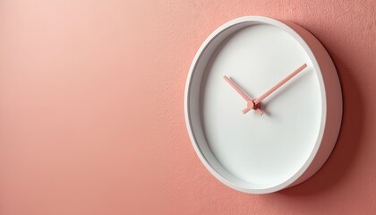 Minimalist white wall clock with rose gold hands hangs on pastel pink textured wall. Simple modern design object shows passing time, offering copy space for text.