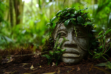 An ancient, weathered stone face covered in moss, hidden deep within a lush green forest.
