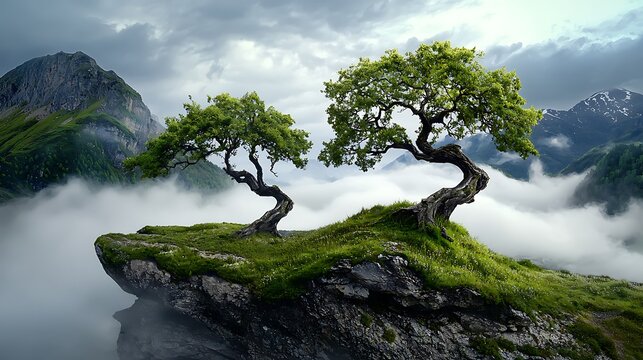 Breathtaking nature landscape with bonsai trees above foggy mountains tranquil environment aerial view