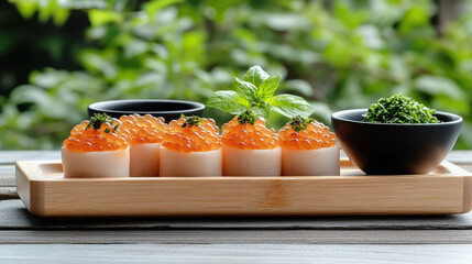 Salmon roe sushi roll with glistening orange pearls and fresh greens, elegant wooden tray