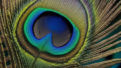 Close-up of a Vibrant Peacock Feather with Intricate Details and Iridescent Colors.