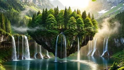 Floating island with waterfall and tree. Forest crown rises above mist lake. Waterfall streams pour into calm water beneath. Sunlight filters through pine canopy and mountain backdrop. Quiet wonder. - Powered by Adobe