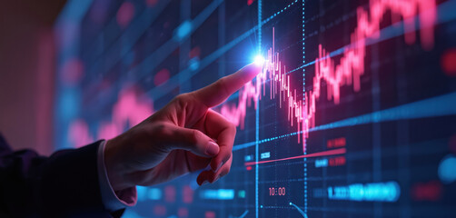 Businessman hand touches stock market graph. Red chart shows financial data growth. Digital economy analysis on screen. Future investment planning for profit.