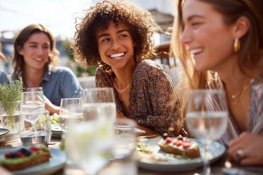 A group of friends laughs around a sunlit outdoor brunch table, mid-conversation. Sparkling water glasses catch the sun with realistic reflections, and plates of avocado toast and - Powered by Adobe