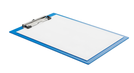 a blue clipboard with blank paper isolated on a transparent background. Ideal for office, documents, stationery, and organizational concepts.