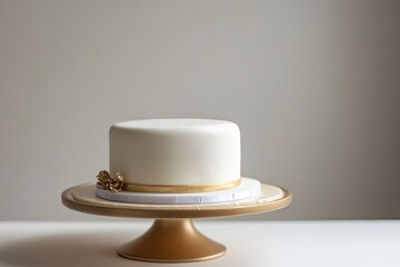 An elegant white birthday cake with gold accents