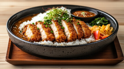 Crispy katsu curry rice with pickles and greens, warm comforting Japanese comfort food