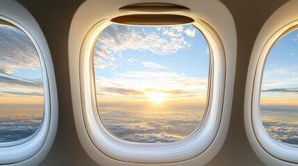 Sunset airplane window view golden sky peaceful horizon