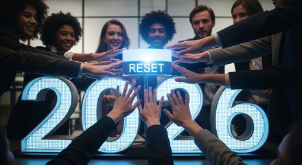 Corporate Team Pushing 2026 Reset Button for Fresh Start