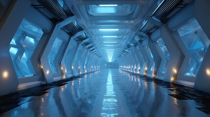A futuristic hallway with glowing blue lights and abstract design