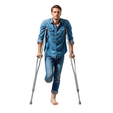 Man with injured foot on crutches walking, isolated on transparent background