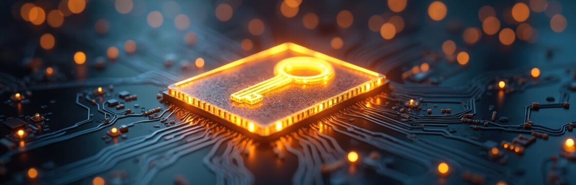 Abstract circuit board with glowing key symbol represents digital security and encrypted data. Futuristic tech concept for data protection, network access, and cyber defense systems. - Powered by Adobe