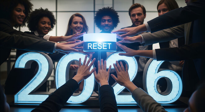 Corporate Team Pushing 2026 Reset Button for Fresh Start