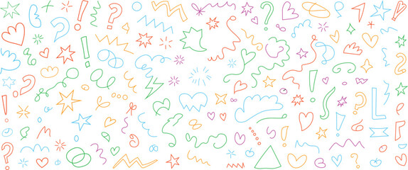 Crayon drawn emotive decorating pieces and vibrant line movement elements.  Icons for doodling emphasis.  Lines and forms are expressed in comics.  Wind, sparkle, question, shine, sunburst.