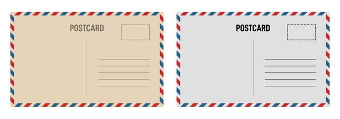 Vector illustration of a blank vintage travel postcard backside with air mail and postage stamp elements. Retro postal design template for address, message, or print mockups.