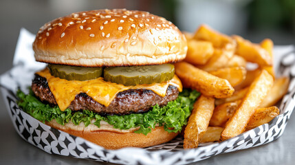 Juicy cheeseburger melted cheddar pickles toasted bun with fries