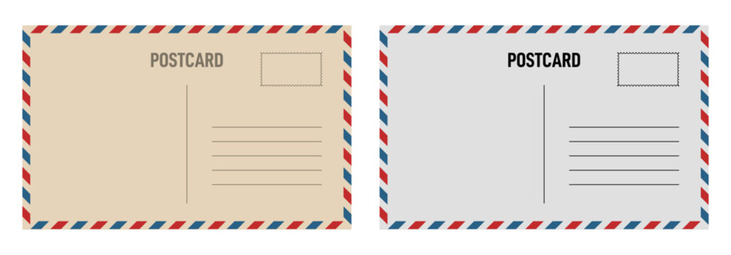 Vector illustration of a blank vintage travel postcard backside with air mail and postage stamp elements. Retro postal design template for address, message, or print mockups.