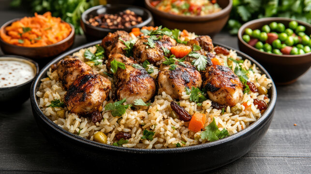Grilled chicken kabsa over fragrant rice with carrot, raisins, nuts and herbs, warm and savory