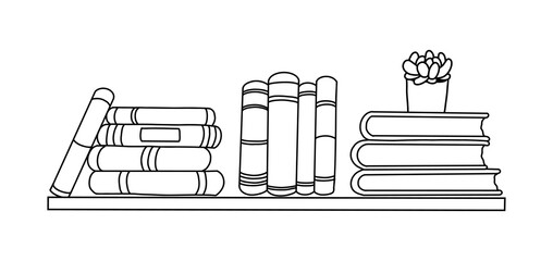 Hand drawn doodle books on the bookshelf isolated on white background. Sketch style vector illustration perfect for education, library, reading and study themes.