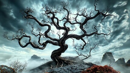 Mystical tree silhouette against dark stormy sky nature photography surreal environment dramatic viewpoint