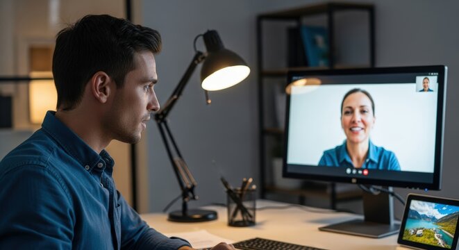 Focused young man working late at his home office desk, participating in a virtual video conference call with a female colleague displayed on his desktop monitor.