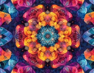 Colorful kaleidoscope with symmetric floral patterns in a vibrant, abstract design