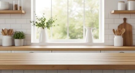 Fototapeta premium Bright and airy kitchen countertop with window view and natural light