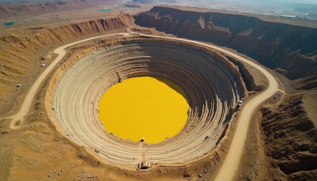 Aerial photo displays open pit uranium mine with yellow liquid in center. Mining occurs on brown desert landscape. Nuclear power fuel resource extraction. Industrial facility landscape environmental