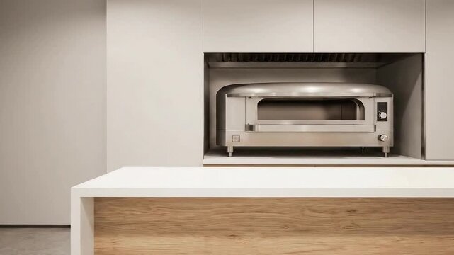 Commercial Stainless Steel Pizza Oven Installed in Modern Restaurant Kitchen Interior with Wood Accent Countertop and White Walls