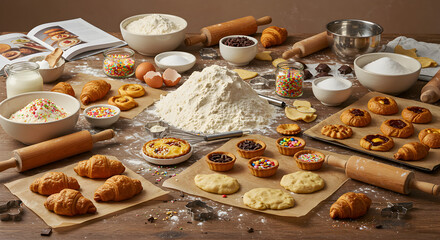 Bakery Spread with Assorted Pastries, Dough, and Cooking Ingredients – Top-Down Studio Shot

