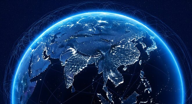 Futuristic digital Earth globe with network connections and glowing lights representing global communication, technology, data exchange, cyber world, and worldwide connectivity concept - Powered by Adobe
