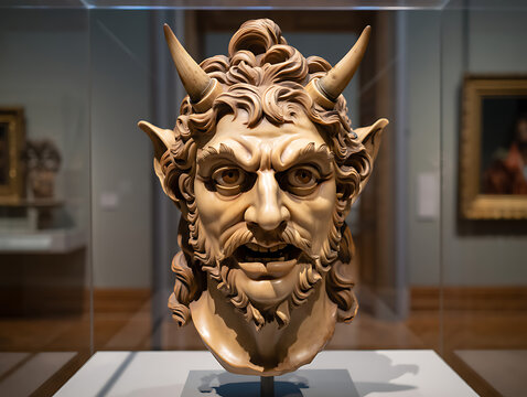 An ornate, gilded bronze bust of a satyr or demon with horns, displayed in a museum.