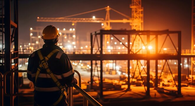 Night shift construction worker overseeing industrial site with bright lights, cranes and steel structures &ndash; worker safety, engineering, infrastructure development and industrial progress at night
