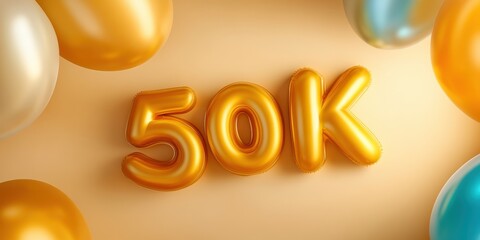 50k gold balloon numbers surrounded by glossy balloons in festive celebration setup, symbolizing achievement and milestone event.