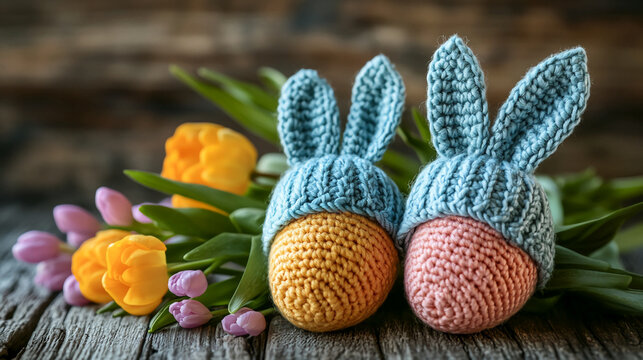 Adorable handcrafted Easter bunnies surrounded by vibrant tulips bring a touch of springtime joy and whimsy to your holiday designs and creative projects, perfect for celebrations