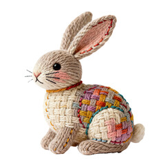 One 3D rabbit knitted from multicolored yarn isolated on transparent background