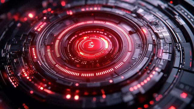 Futuristic Digital Interface with Glowing Red Lights and Data Processing Display