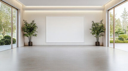Obraz premium Minimal modern gallery interior with blank wall and potted plants, serene lighting