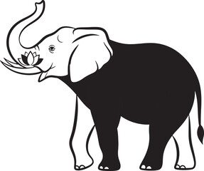 Elegant black and white stylized elephant holding lotus flower minimalist vector artwork