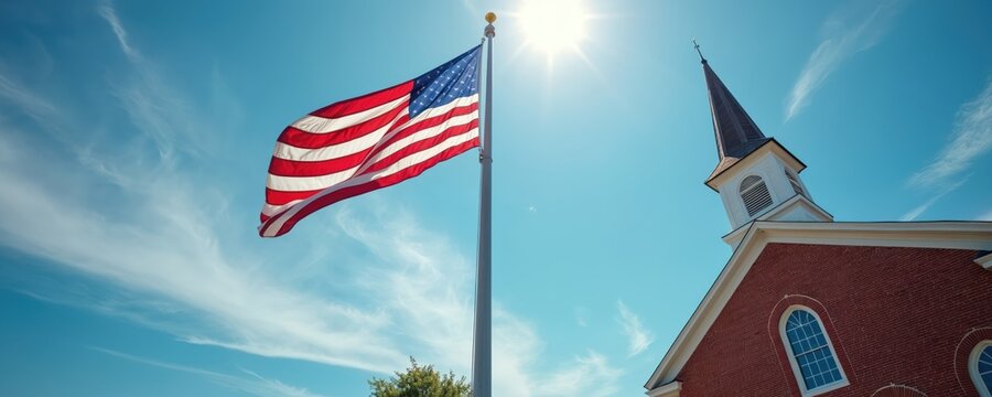 American flag flies high over a red brick church building. Clear blue sky with wispy clouds and bright sun shines down. Symbolizes national pride faith and community spirit. - Powered by Adobe